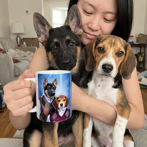 German shepherd and beagle with the Step Brothers custom mug: owner holding mug + pet