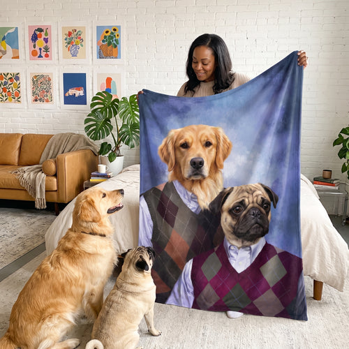 Golden retriever and pug with the Step Brothers custom pet blanket: held up for size