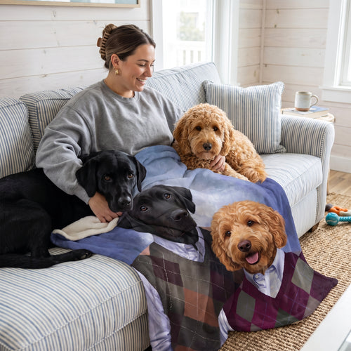Black Labrador and goldendoodle with the Step Brothers custom pet blanket: owner + pet on sofa