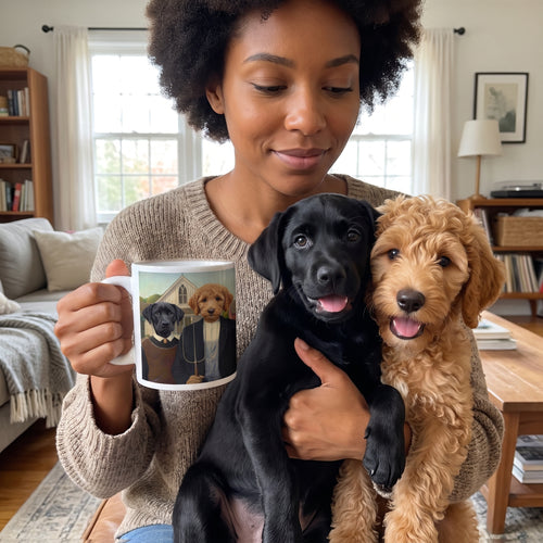 Black Labrador and goldendoodle with The American Gothic custom mug: owner holding mug + pet