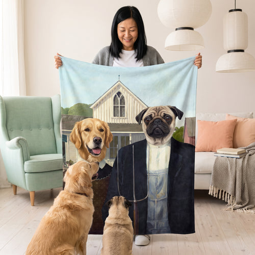 Golden retriever and pug with The American Gothic custom pet blanket: held up for size