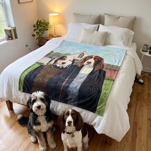 Bernedoodle and springer spaniel with The American Gothic custom pet blanket: on the bed