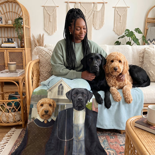 Black Labrador and goldendoodle with The American Gothic custom pet blanket: owner + pet on sofa