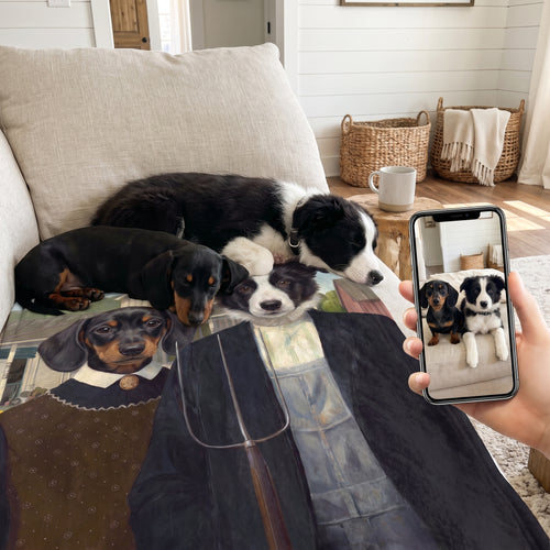 Miniature dachshund and border collie with The American Gothic custom pet blanket: pet + phone + blanket