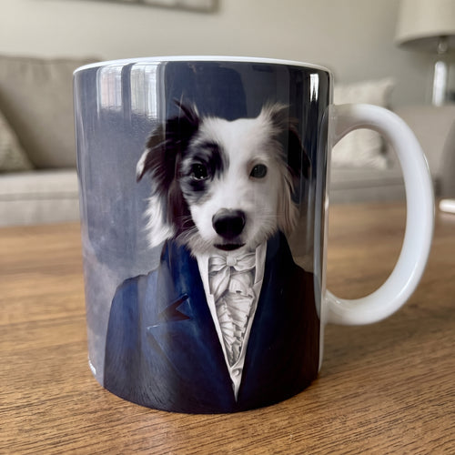 Black-and-white border collie mix with The Aristocrat custom mug: close-up of gloss and wrap