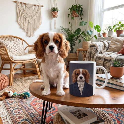 Cavalier King Charles spaniel with The Aristocrat custom mug: funny side-by-side