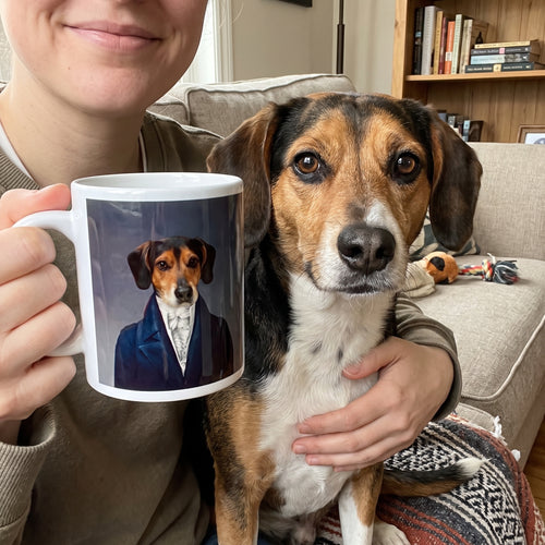 Beagle mix with The Aristocrat custom mug: owner holding mug + pet
