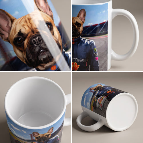 French bulldog with The Champion Driver custom mug: close-up of gloss and wrap