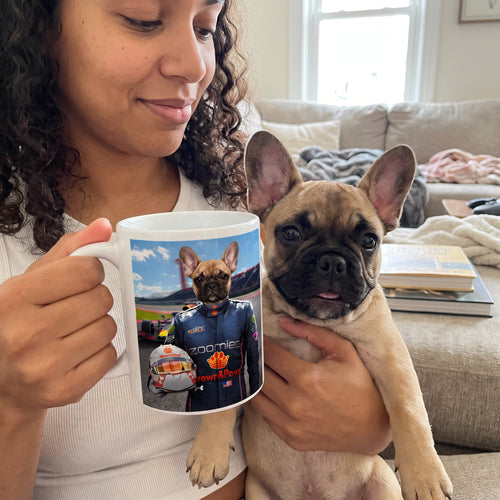 French bulldog with The Champion Driver custom mug: owner holding mug + pet
