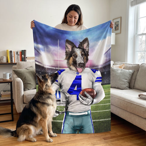 Pet with The Dallas Goodboys custom pet blanket: held up for size