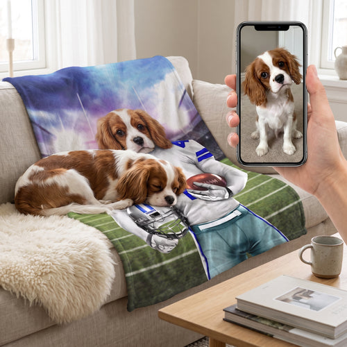 Cavalier King Charles spaniel with The Dallas Goodboys custom pet blanket: pet + phone + blanket