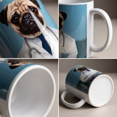 Pug with The Doctor custom mug: close-up of gloss and wrap