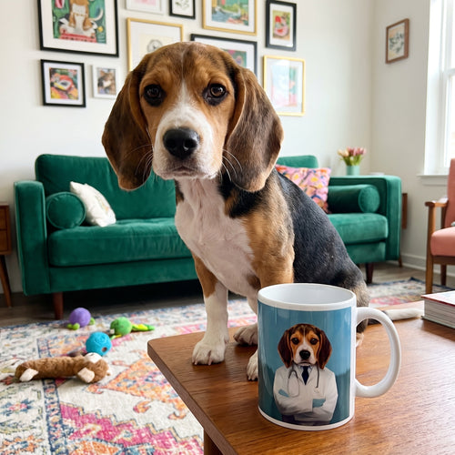 Beagle with The Doctor custom mug: funny side-by-side