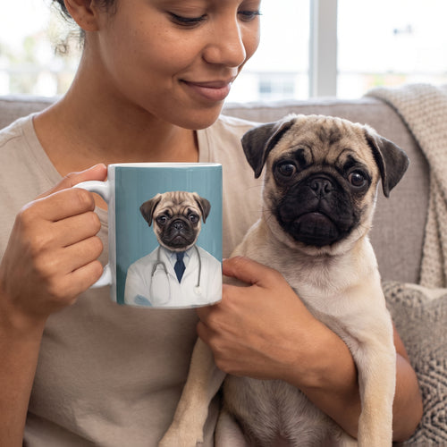 Pug with The Doctor custom mug: owner holding mug + pet