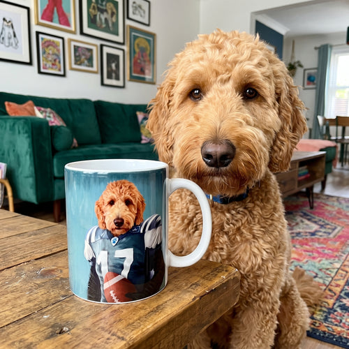 Goldendoodle with The Football Player custom mug: funny side-by-side