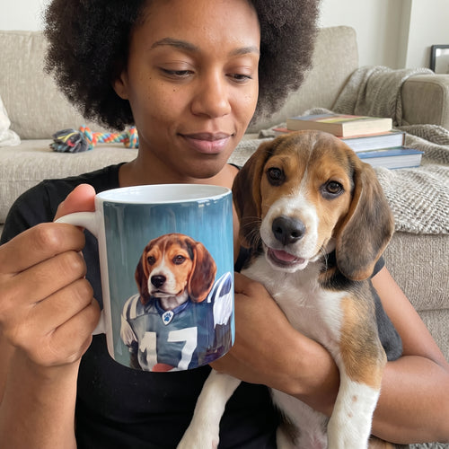 Beagle with The Football Player custom mug: owner holding mug + pet