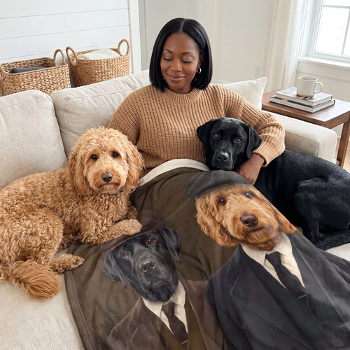 Black Labrador and goldendoodle with The Gangster Brothers custom pet blanket: owner + pet on sofa