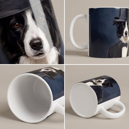 Border collie with The Gentleman custom mug: close-up of gloss and wrap
