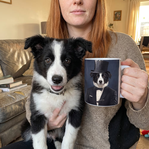 Border collie with The Gentleman custom mug: owner holding mug + pet