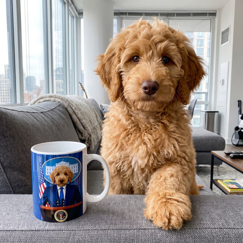 Goldendoodle with The Pawresident custom mug: funny side-by-side