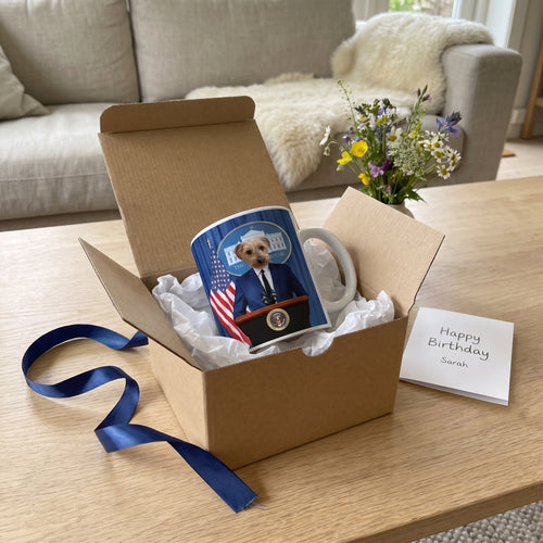 The Pawresident custom mug wrapped as a gift