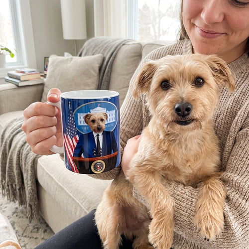 Terrier mix with The Pawresident custom mug: owner holding mug + pet