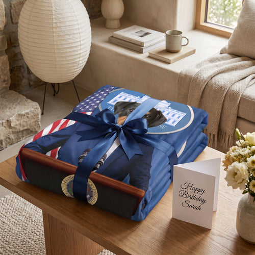 The Pawresident custom pet blanket wrapped as a gift