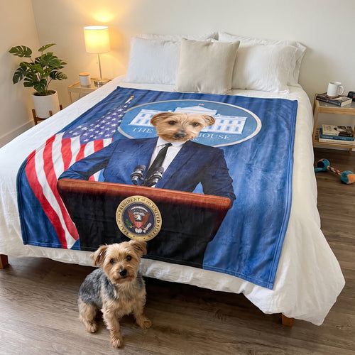 Yorkshire terrier with The Pawresident custom pet blanket: on the bed
