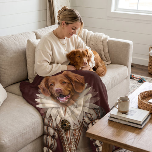 Nova Scotia duck tolling retriever with The Queen custom pet blanket: owner + pet on sofa