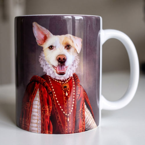 White-and-tan terrier mix with The Queen of Roses custom mug: close-up of gloss and wrap