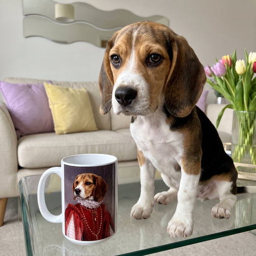 Beagle with The Queen of Roses custom mug: funny side-by-side