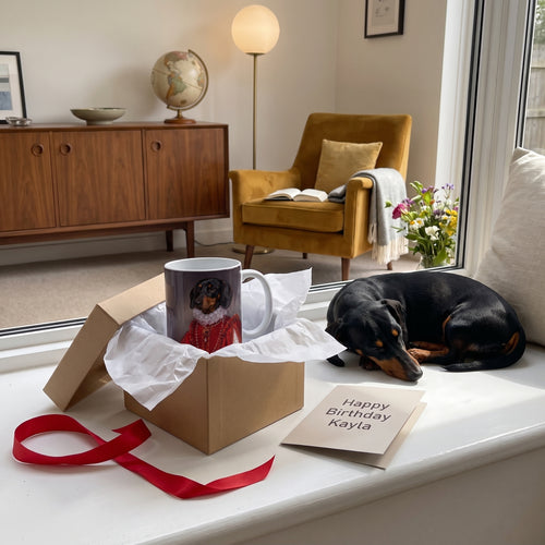 Miniature dachshund with The Queen of Roses custom mug: gift
