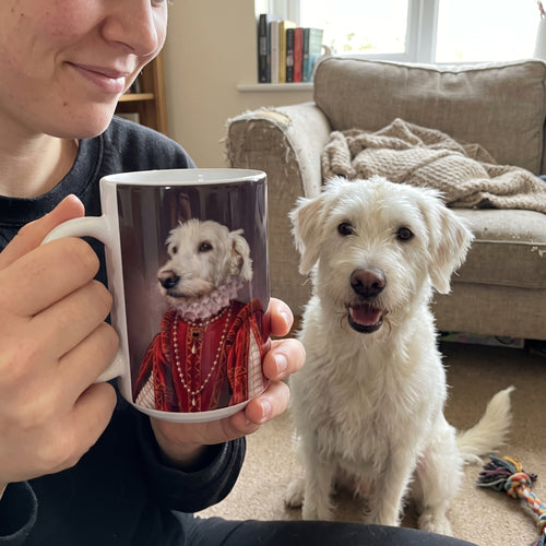 White terrier mix with The Queen of Roses custom mug: owner holding mug + pet
