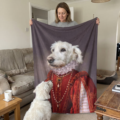 White terrier mix with The Queen of Roses custom pet blanket: held up for size