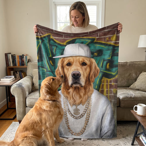 Golden retriever with The Rapper custom pet blanket: held up for size