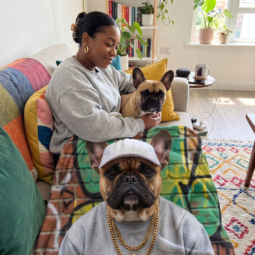 French bulldog with The Rapper custom pet blanket: owner + pet on sofa