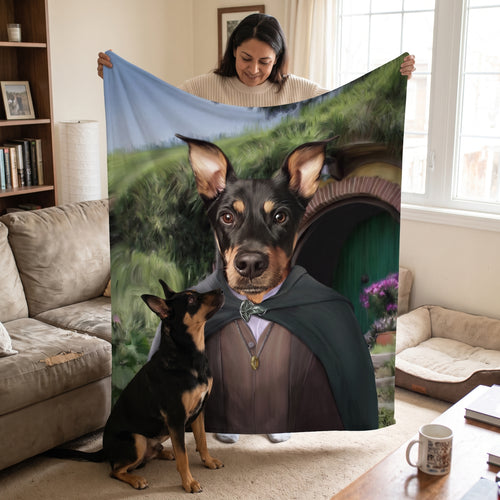 Black-and-tan miniature pinscher with The Ringbearer custom pet blanket: held up for size
