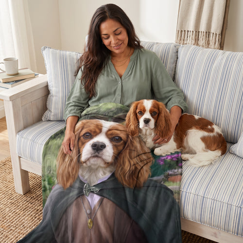 Cavalier King Charles spaniel with The Ringbearer custom pet blanket: owner + pet on sofa