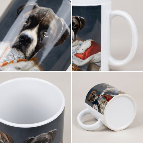 Boxer and black-and-tan dog with The Rulers custom mug: close-up of gloss and wrap