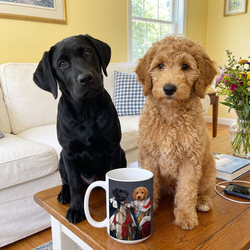 Black Labrador and goldendoodle with The Rulers custom mug: funny side-by-side
