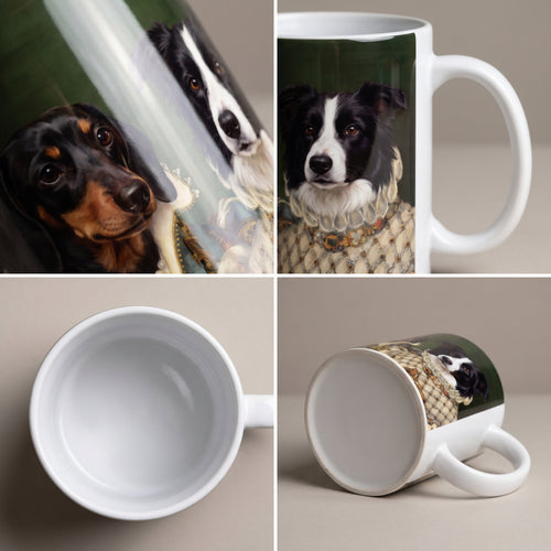 Miniature dachshund and border collie with The Sapphire Queen and Princess custom mug: close-up of gloss and wrap