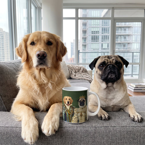 Golden retriever and pug with The Sapphire Queen and Princess custom mug: funny side-by-side