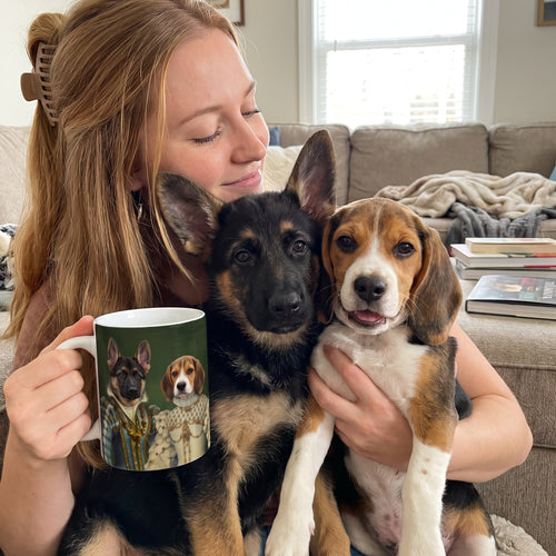 German shepherd and beagle with The Sapphire Queen and Princess custom mug: owner holding mug + pet