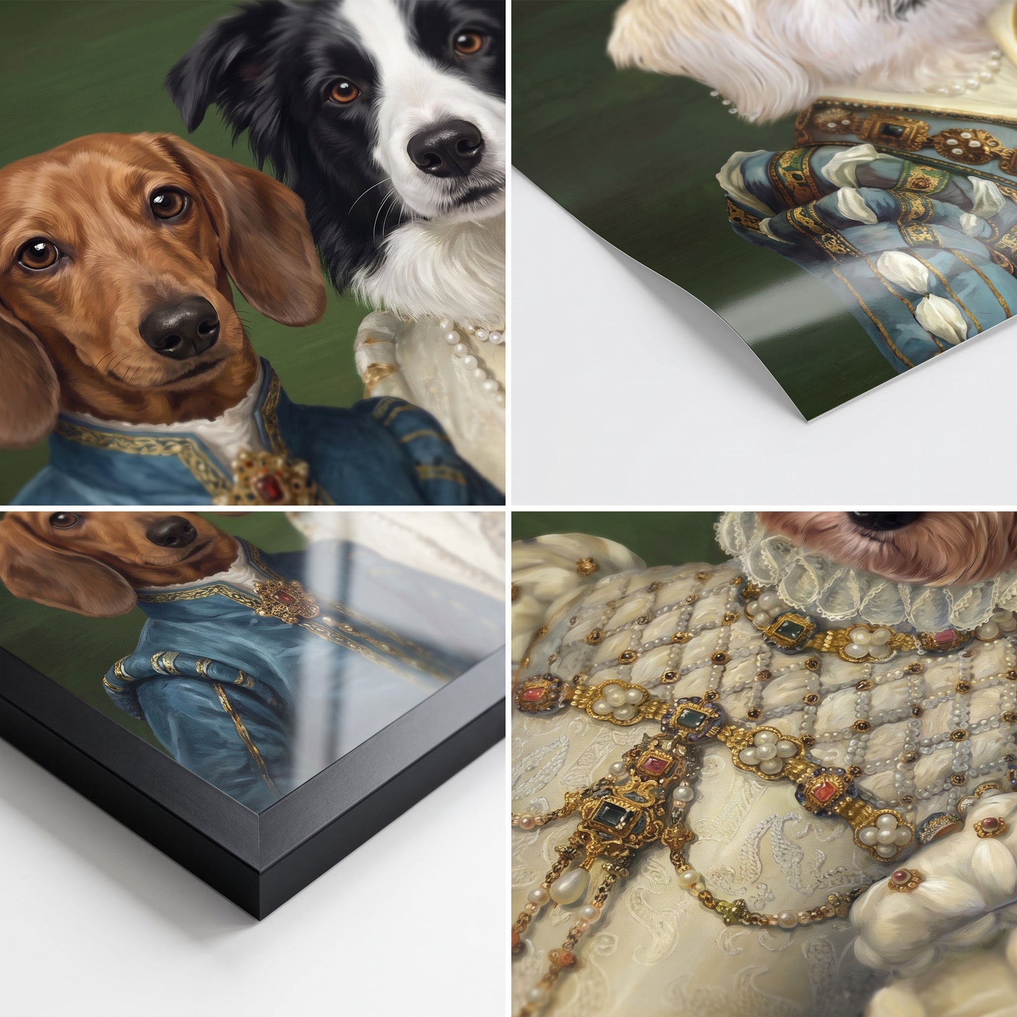 Miniature dachshund and border collie with The Sapphire Queen and Princess custom pet poster: close-up by substrate