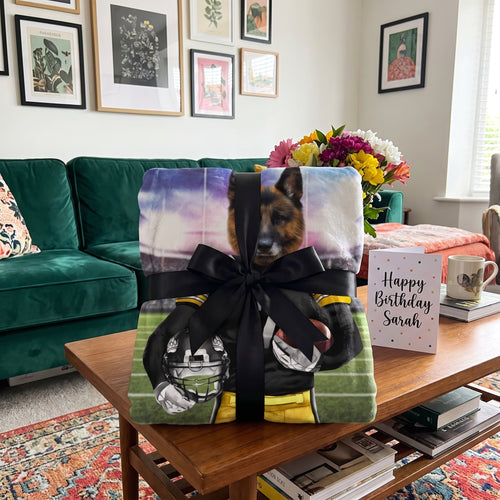 German shepherd with The Snack Steelers custom pet blanket: gift