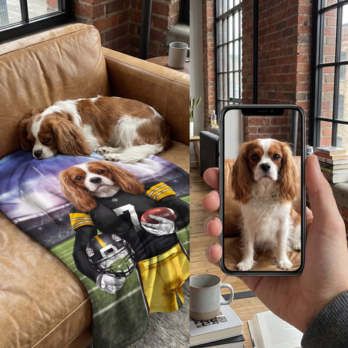 Cavalier King Charles spaniel with The Snack Steelers custom pet blanket: pet + phone + blanket