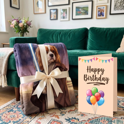 Cavalier King Charles spaniel with The Space General custom pet blanket: gift
