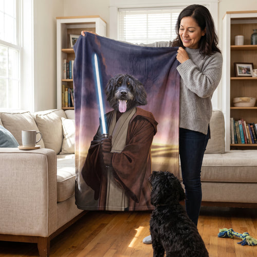 Black doodle with The Space General custom pet blanket: held up for size