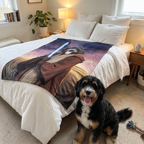 Bernedoodle with The Space General custom pet blanket: on the bed
