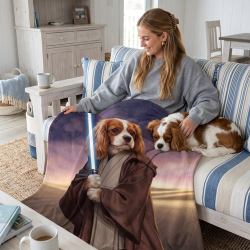 Cavalier King Charles spaniel with The Space General custom pet blanket: owner + pet on sofa
